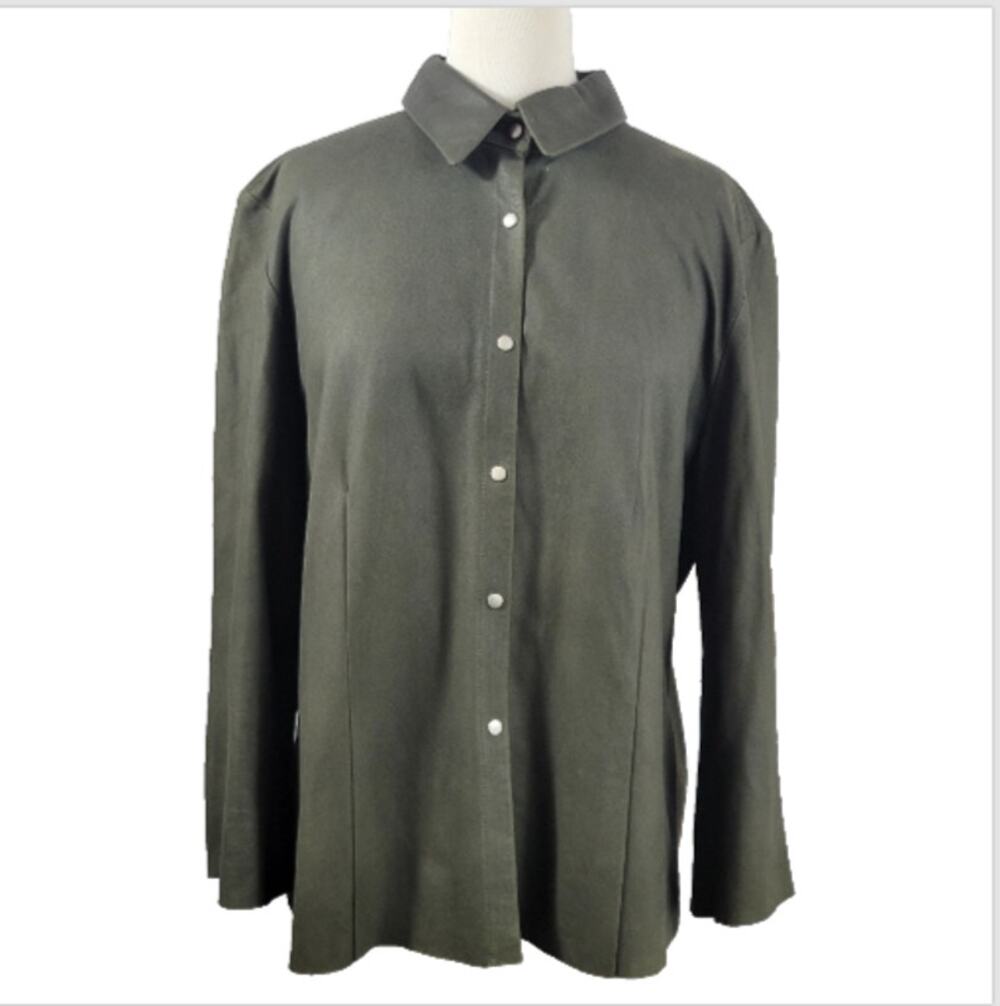 Yansi Fugel Leather Suede Button Up Shirt Snap Closure Green XL